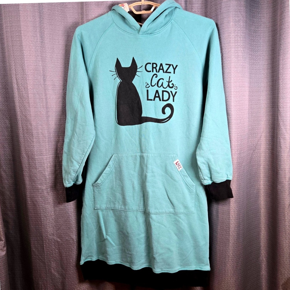Lazy One Crazy Cat Lady Sleep Hoodie Nightshirt Teal Blue S/M Long Sleeve